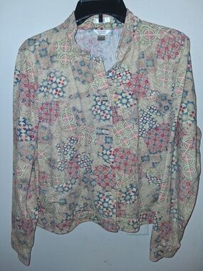 Christopher & Banks Beige Floral Patchwork Jean Jacket with Pink & Blue Accents